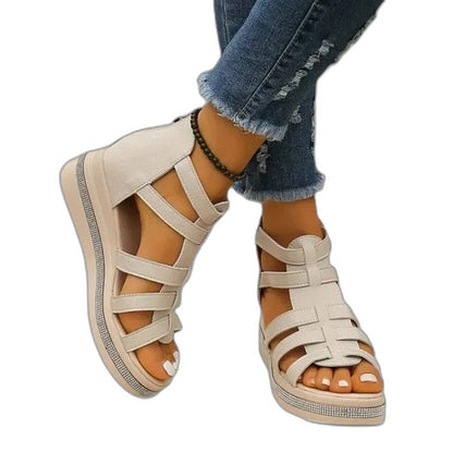 Comfortable Beige Wedge Sandals for Women with Platform Ankle Strap Open Toe Casual Style