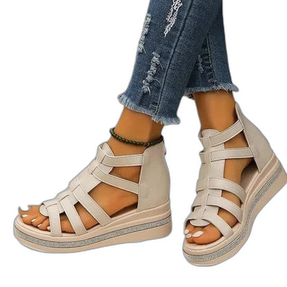 Comfortable Beige Wedge Sandals for Women with Platform Ankle Strap Open Toe Casual Style
