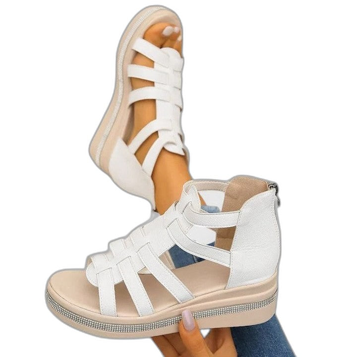 Comfortable Beige Wedge Sandals for Women with Platform Ankle Strap Open Toe Casual Style