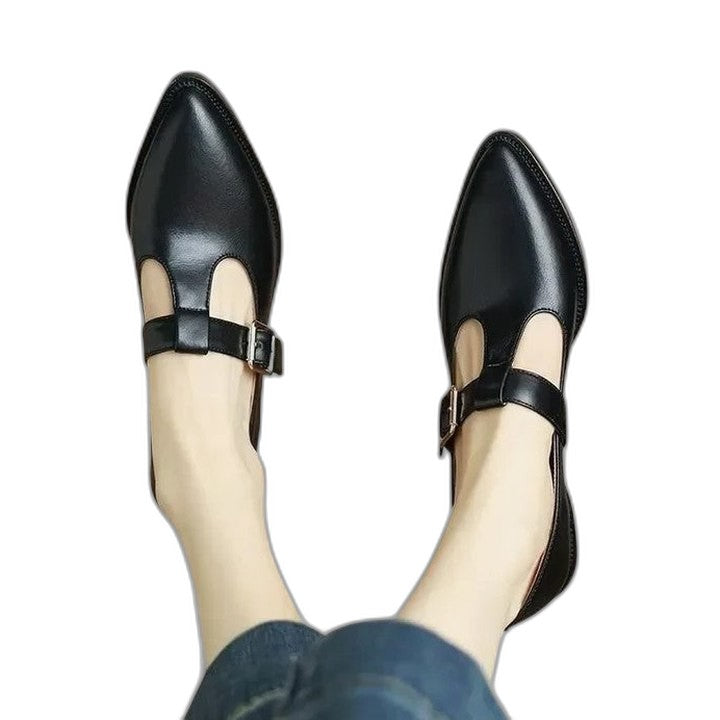 Comfortable Black Flats for Women with Ankle Strap Pointed Toe Buckle Casual Style