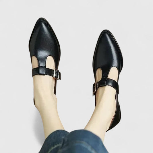 Comfortable Black Flats for Women with Ankle Strap Pointed Toe Buckle Casual Style