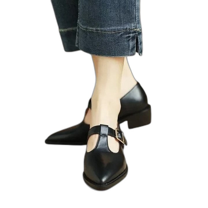 Comfortable Black Flats for Women with Ankle Strap Pointed Toe Buckle Casual Style
