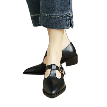 Comfortable Black Flats for Women with Ankle Strap Pointed Toe Buckle Casual Style