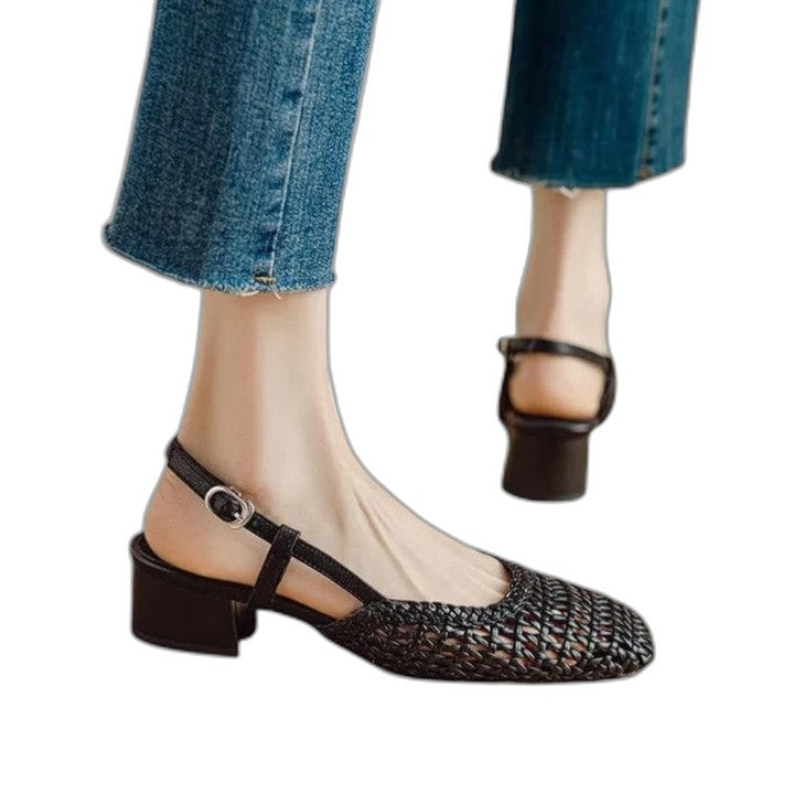 Comfortable Black Flats for Women with Block Heel Ankle Strap Closed Toe Buckle Casual Style
