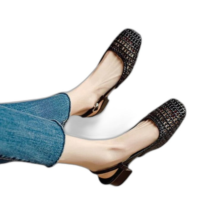 Comfortable Black Flats for Women with Block Heel Ankle Strap Closed Toe Buckle Casual Style