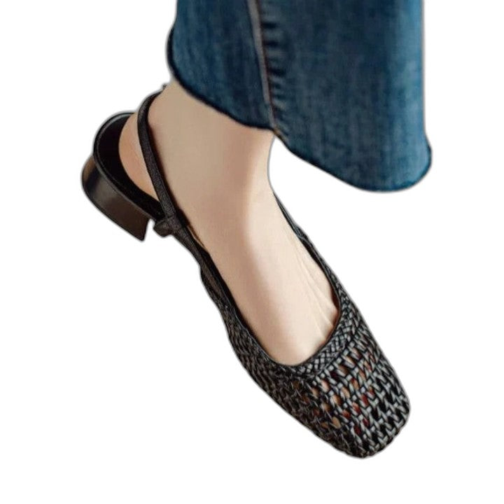 Comfortable Black Flats for Women with Block Heel Ankle Strap Closed Toe Buckle Casual Style