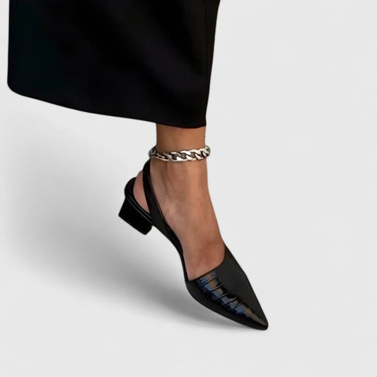 Comfortable Black Flats for Women with Block Heel Slingback Pointed Toe Casual Style