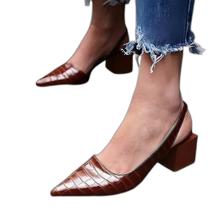 Comfortable Black Flats for Women with Block Heel Slingback Pointed Toe Casual Style