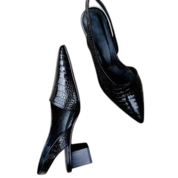 Comfortable Black Flats for Women with Block Heel Slingback Pointed Toe Casual Style
