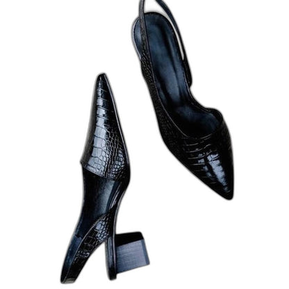 Comfortable Black Flats for Women with Block Heel Slingback Pointed Toe Casual Style