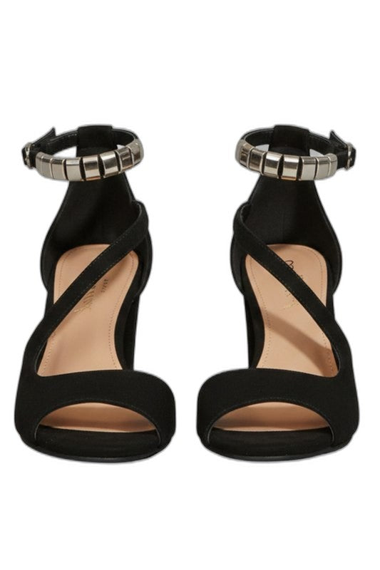 Comfortable Black Heels for Women with Block Heel Ankle Strap Open Toe Studded Party Style