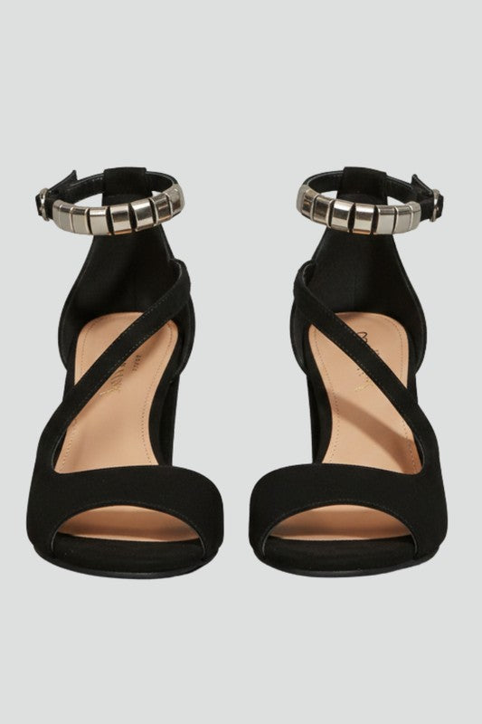 Comfortable Black Heels for Women with Block Heel Ankle Strap Open Toe Studded Party Style