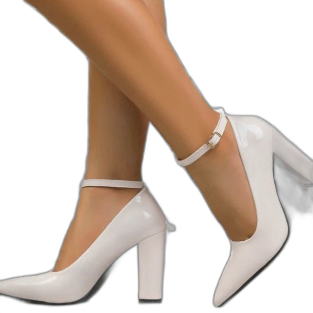 Comfortable Black Heels for Women with Block Heel Ankle Strap Pointed Toe Party Style