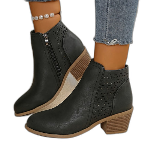 Comfortable Black Leather Ankle Boots for Women with Block Heel Closed Toe Casual Style