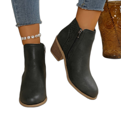 Comfortable Black Leather Ankle Boots for Women with Block Heel Closed Toe Casual Style