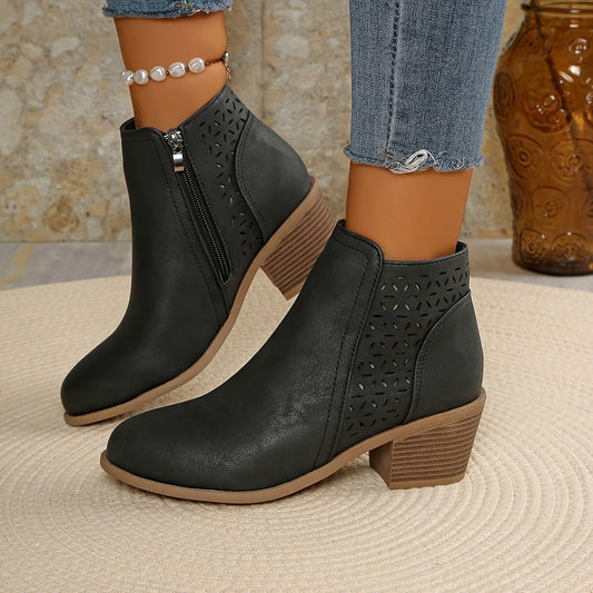 Comfortable Black Leather Ankle Boots for Women with Block Heel Closed Toe Casual Style