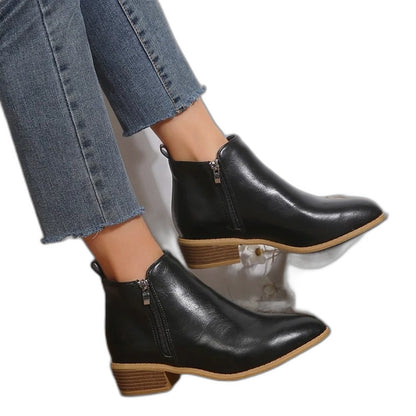 Comfortable Black Leather Ankle Boots for Women with Block Heel Closed Toe Casual Style