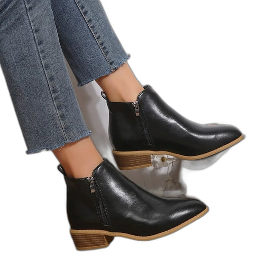 Comfortable Black Leather Ankle Boots for Women with Block Heel Closed Toe Casual Style
