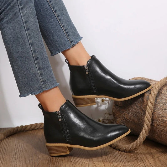 Comfortable Black Leather Ankle Boots for Women with Block Heel Closed Toe Casual Style