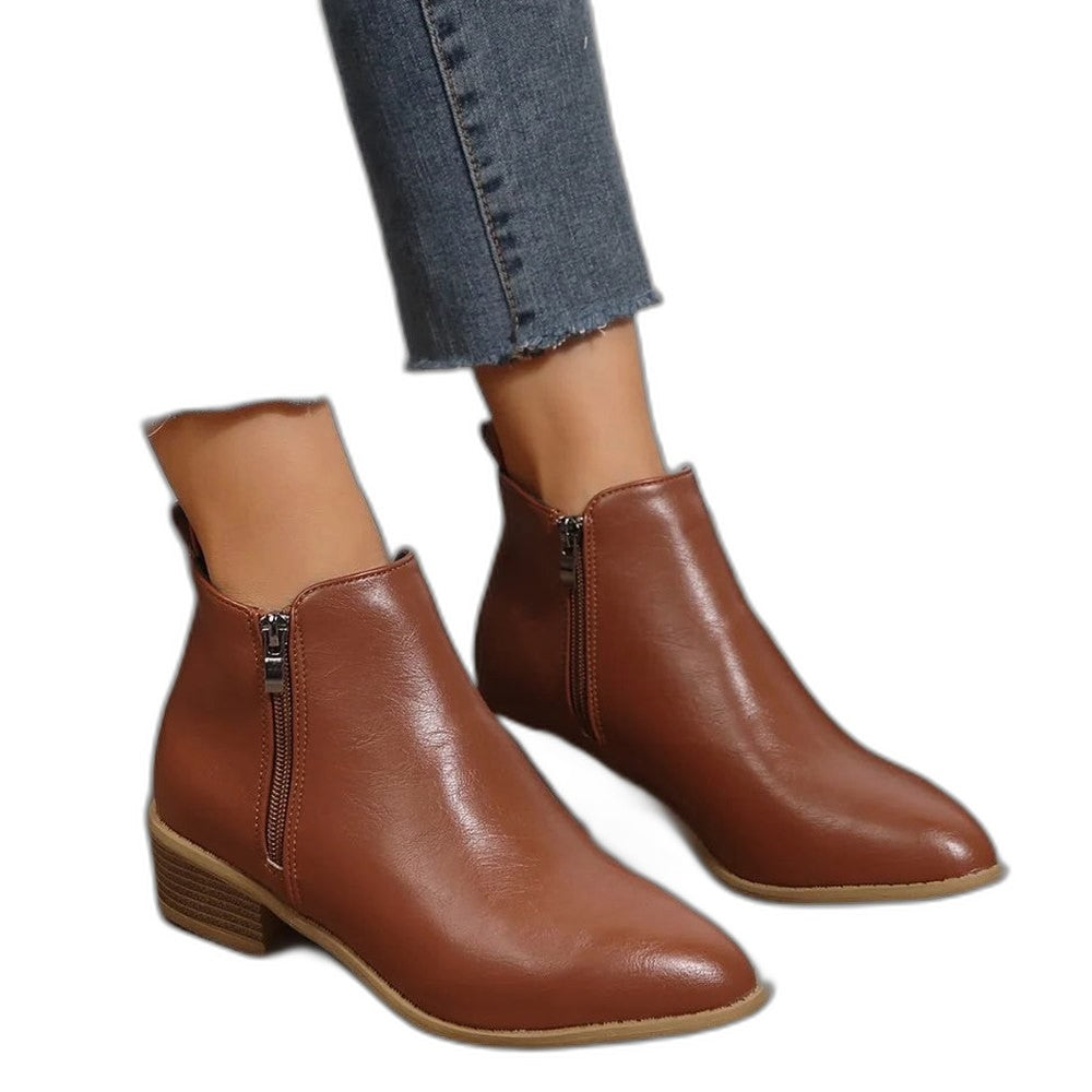 Comfortable Black Leather Ankle Boots for Women with Block Heel Closed Toe Casual Style