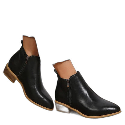 Comfortable Black Leather Ankle Boots for Women with Block Heel Closed Toe Casual Style
