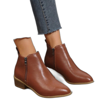 Comfortable Black Leather Ankle Boots for Women with Block Heel Closed Toe Casual Style