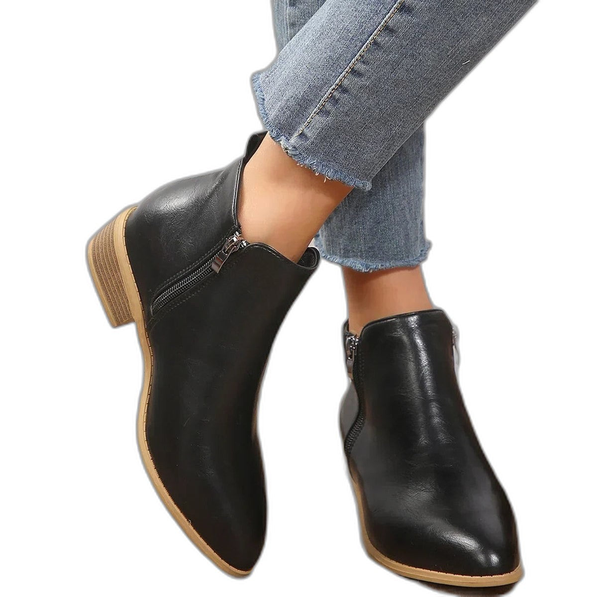 Comfortable Black Leather Ankle Boots for Women with Block Heel Closed Toe Casual Style