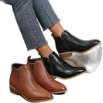 Comfortable Black Leather Ankle Boots for Women with Block Heel Closed Toe Casual Style