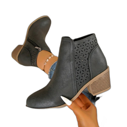 Comfortable Black Leather Ankle Boots for Women with Block Heel Closed Toe Casual Style