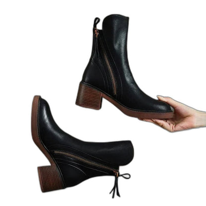 Comfortable Black Leather Ankle Boots for Women with Block Heel Closed Toe Casual Style