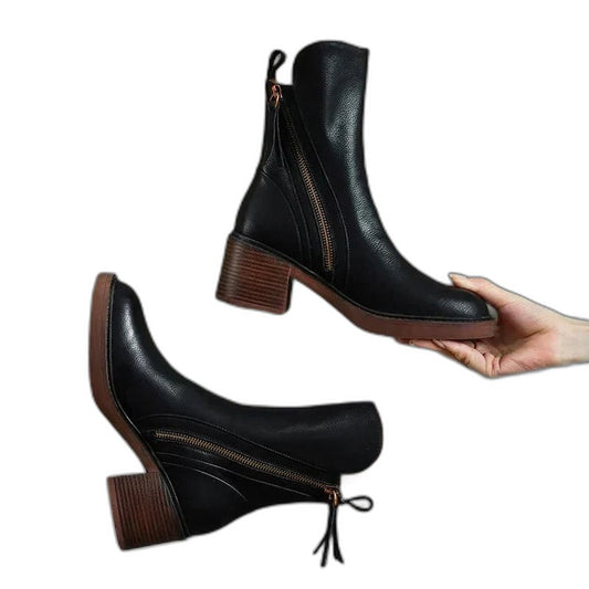 Comfortable Black Leather Ankle Boots for Women with Block Heel Closed Toe Casual Style