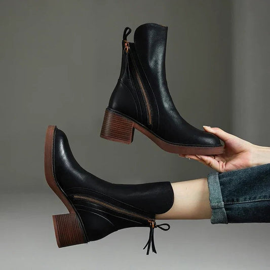 Comfortable Black Leather Ankle Boots for Women with Block Heel Closed Toe Casual Style