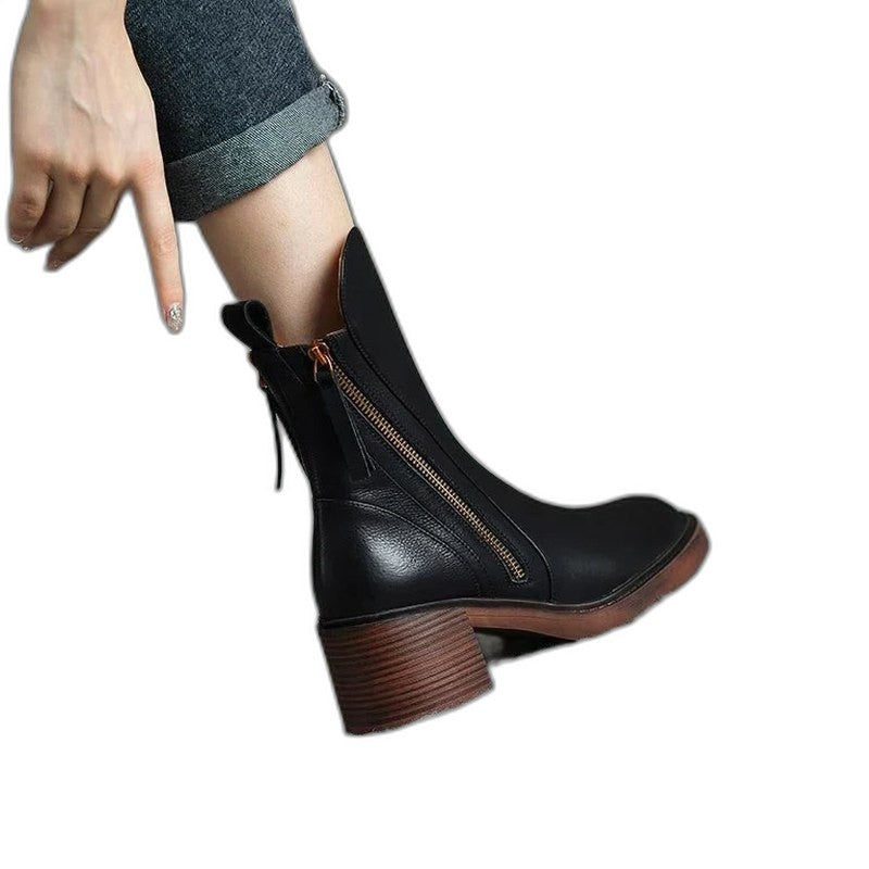 Comfortable Black Leather Ankle Boots for Women with Block Heel Closed Toe Casual Style