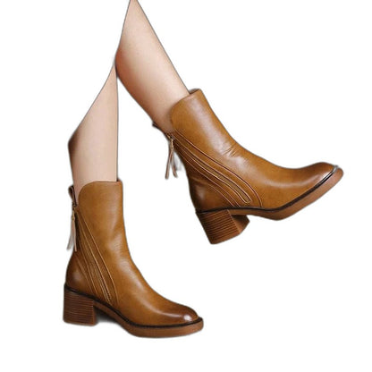 Comfortable Black Leather Ankle Boots for Women with Block Heel Closed Toe Casual Style