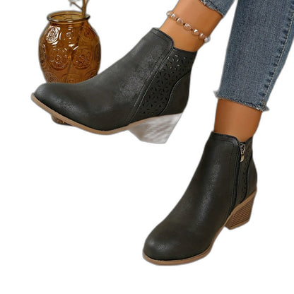 Comfortable Black Leather Ankle Boots for Women with Block Heel Closed Toe Casual Style