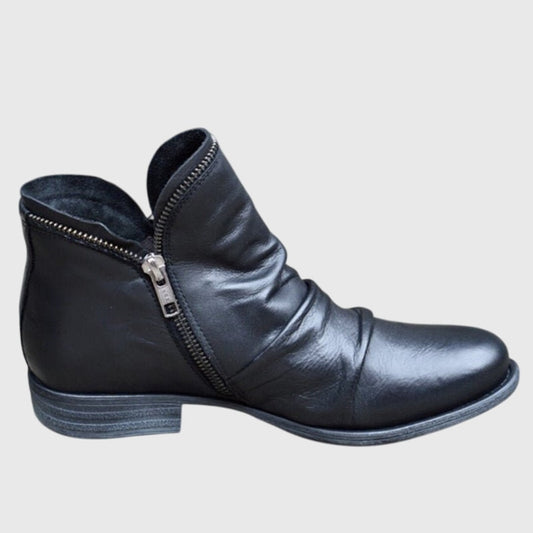 Comfortable Black Leather Ankle Boots for Women with Block Heel Closed Toe Casual Style