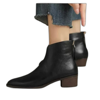 Comfortable Black Leather Ankle Boots for Women with Block Heel Closed Toe Casual Style