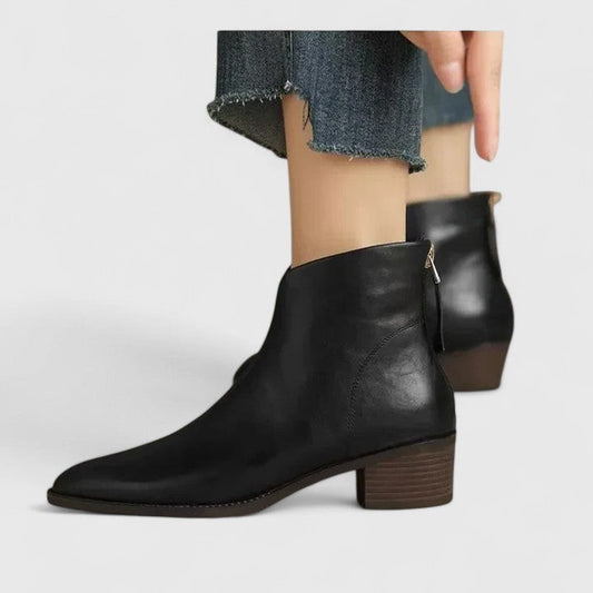 Comfortable Black Leather Ankle Boots for Women with Block Heel Closed Toe Casual Style
