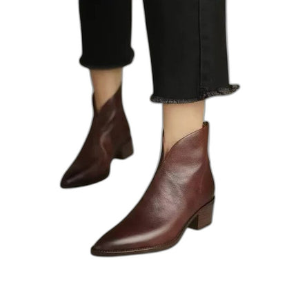 Comfortable Black Leather Ankle Boots for Women with Block Heel Closed Toe Casual Style