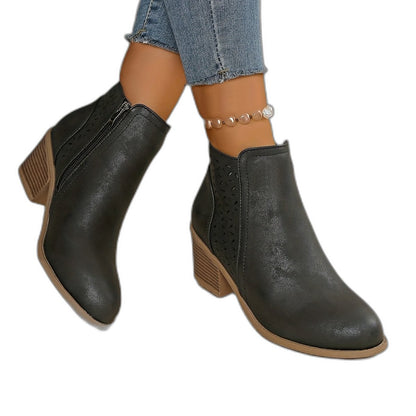 Comfortable Black Leather Ankle Boots for Women with Block Heel Closed Toe Casual Style