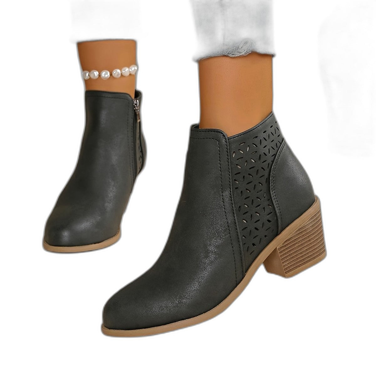 Comfortable Black Leather Ankle Boots for Women with Block Heel Closed Toe Casual Style