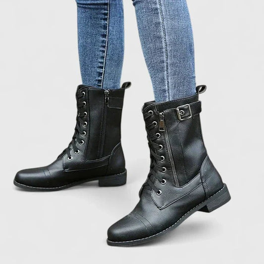 Comfortable Black Leather Ankle Boots for Women with Closed Toe Lace Up Buckle Casual Style