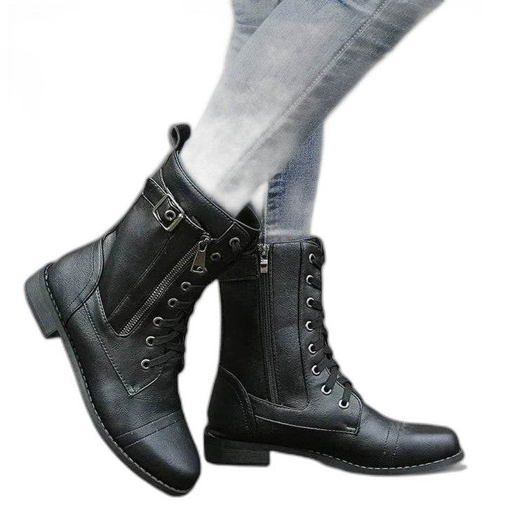 Comfortable Black Leather Ankle Boots for Women with Closed Toe Lace Up Buckle Casual Style