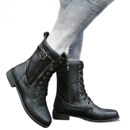 Comfortable Black Leather Ankle Boots for Women with Closed Toe Lace Up Buckle Casual Style