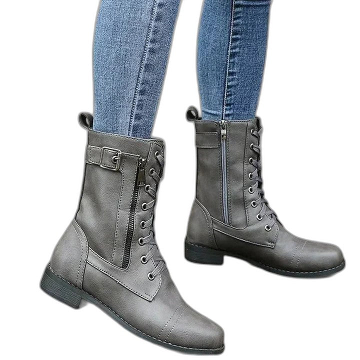 Comfortable Black Leather Ankle Boots for Women with Closed Toe Lace Up Buckle Casual Style