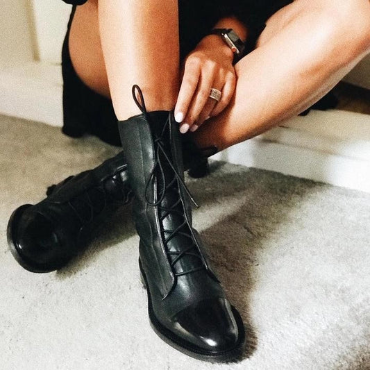 Comfortable Black Leather Ankle Boots for Women with Closed Toe Lace Up Casual Style