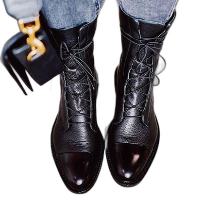 Comfortable Black Leather Ankle Boots for Women with Closed Toe Lace Up Casual Style