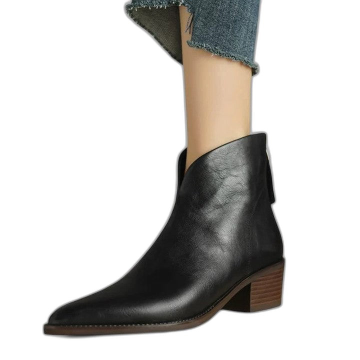 Comfortable Black Leather Ankle Boots for Women with Pointed Toe Casual Style