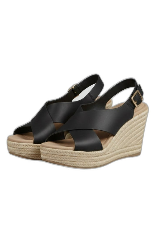 Comfortable Black Leather Espadrilles for Women with Wedge Slingback Open Toe Casual Style