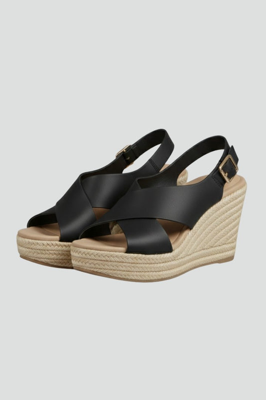 Comfortable Black Leather Espadrilles for Women with Wedge Slingback Open Toe Casual Style